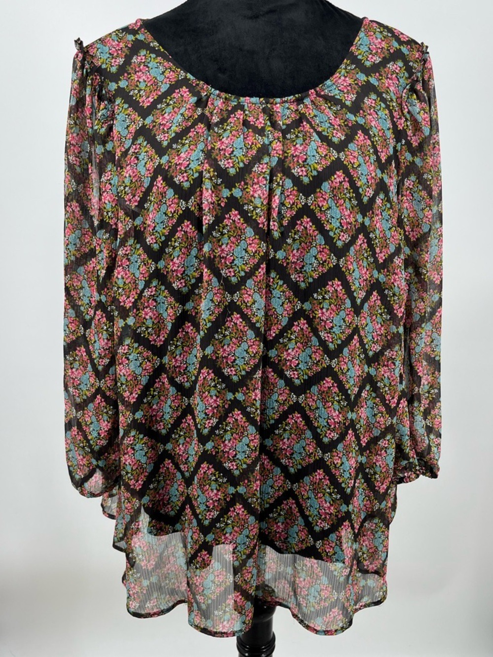 LC Lauren Conrad Black Sheer Floral Blouse with Pink and Blue Accents sz 1X